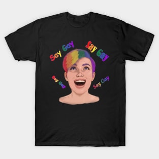 Young LGBTQ+ individual with pride saying Say Gay T-Shirt